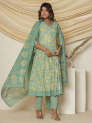 Floral Printed Cotton Kurta With Pants & Dupatta