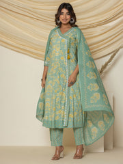 Floral Printed Cotton Kurta With Pants & Dupatta