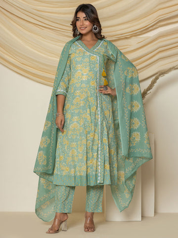 Floral Printed Cotton Kurta With Pants & Dupatta