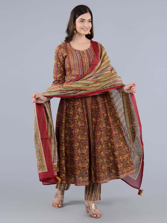Anarkali Kurti Cotton Suit Set with Dupatta