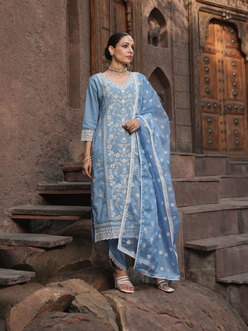 Floral Embroidery Kurta With Pants & Dupatta