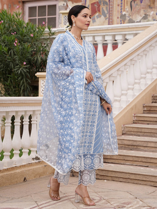 Embroidered Cotton Kurta With Pants & Dupatta