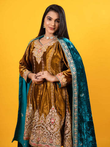Zari Embroidered Velvet Suit with Dhoti Pants