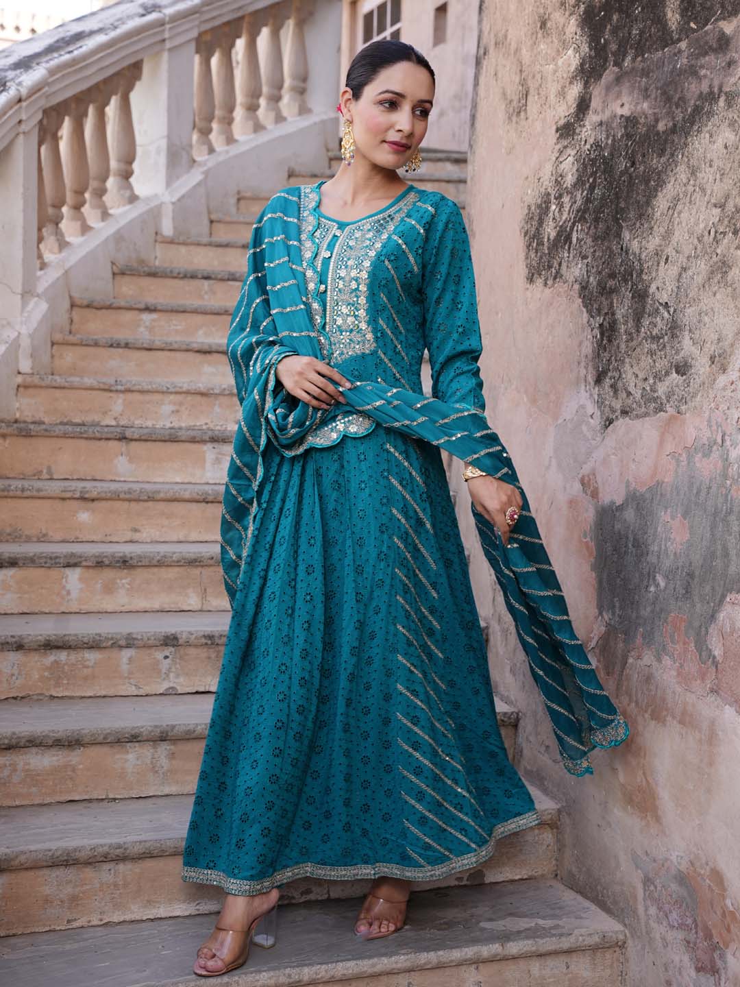 Neck Embroidered Cotton Kurta With Pants & Dupatta