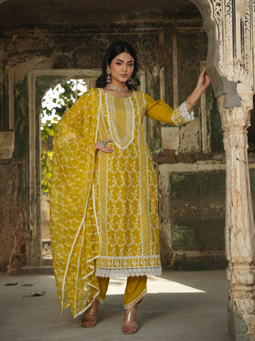 Resham Jaal Embroidery Cotton Suit Set With Dupatta