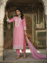 Resham Jaal Embroidery Cotton Suit Set With Dupatta