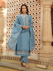 Resham Embroidery Cotton Suit Set With Dupatta