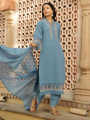 Resham Embroidery Cotton Suit Set With Dupatta