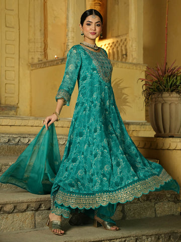 Neck Embroidered Georgette Suit Set With Dupatta