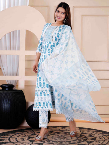 Printed Cotton Suit Set With Dupatta