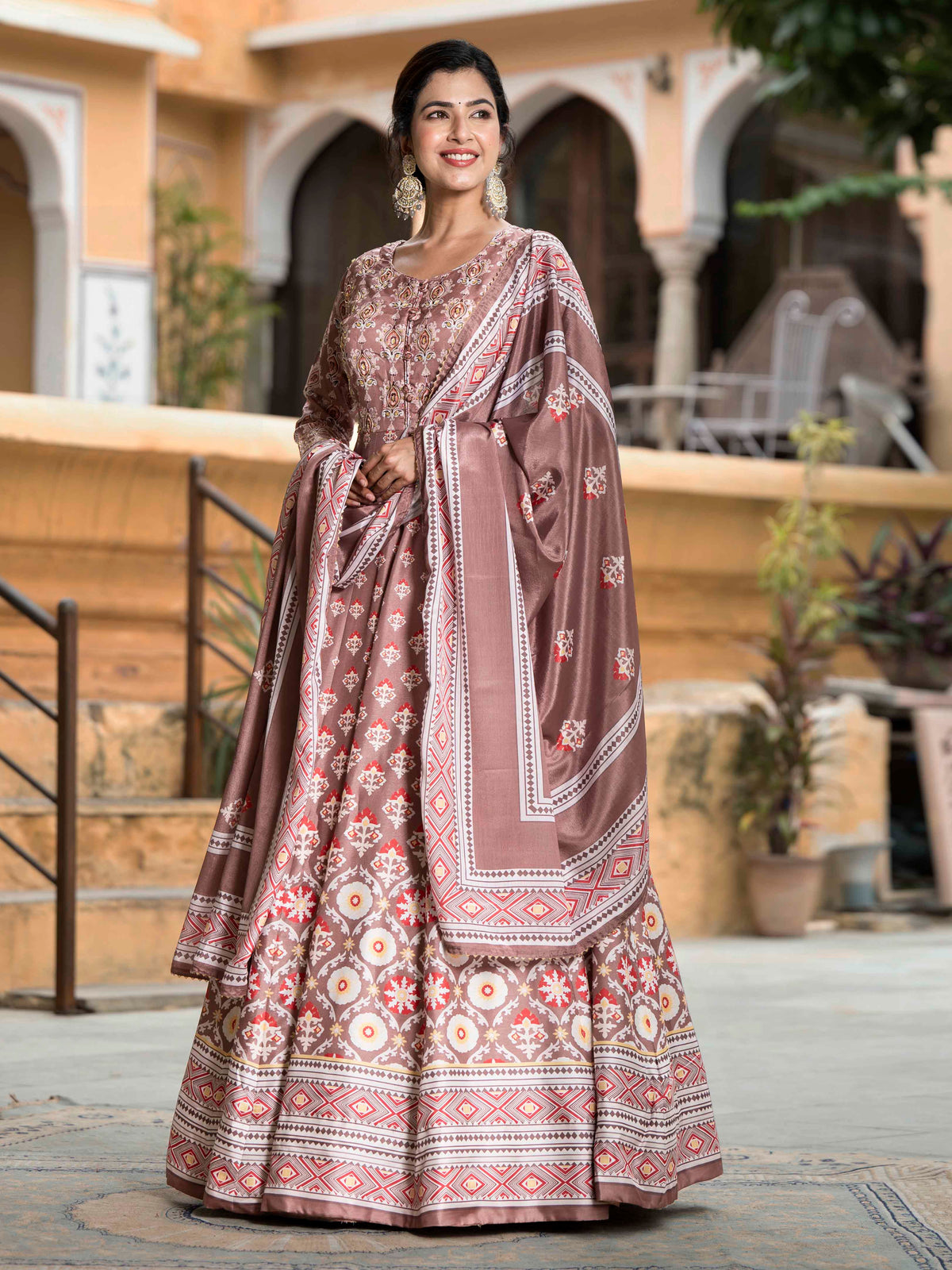 Printed Art Silk Suit Set With Dupatta