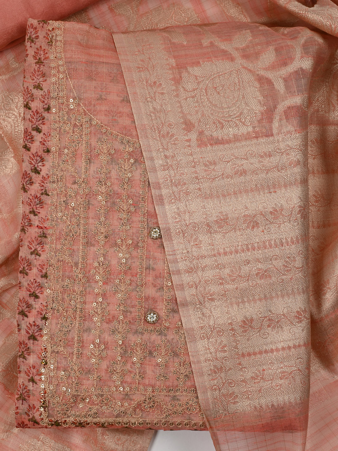 Printed & Neck Embroidered Unstitched Suit Piece With Dupatta