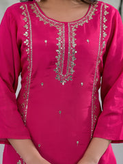 Neck Embroidery Cotton Blend Kurta With Pants & Dupatta