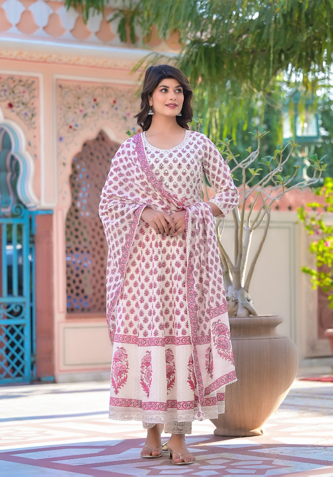 Floral Printed Anarkali Style Cotton Kurta With Pants & Dupatta