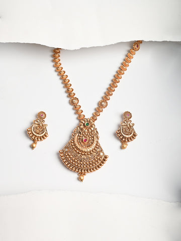 Golden Brass Necklace Set With Earrings