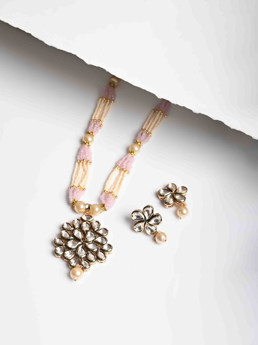 Cream Pearl Necklace Set With Earrings