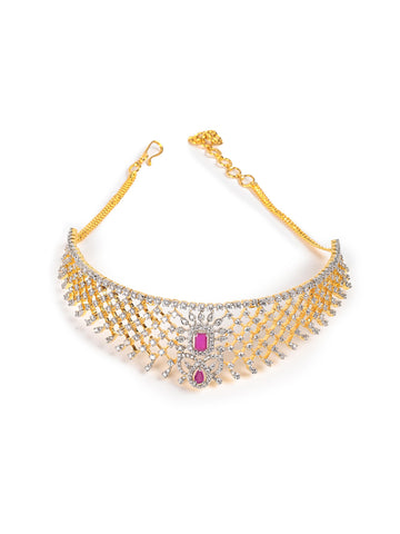 Golden & Pink AD Necklace Set With Earrings