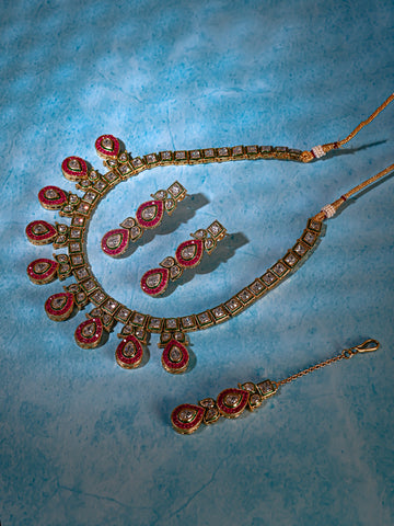 Maroon Kundan AD Necklace Set With Earrings & Mang Tikaa