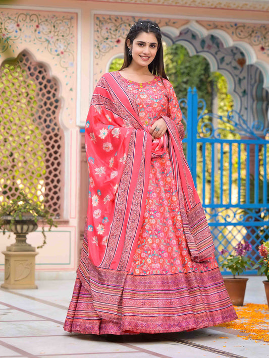 Printed Art Silk Anarkali Suit Set With Dupatta