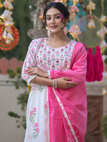 Embroidered Floral Printed Cotton Kurta With Pants & Dupatta