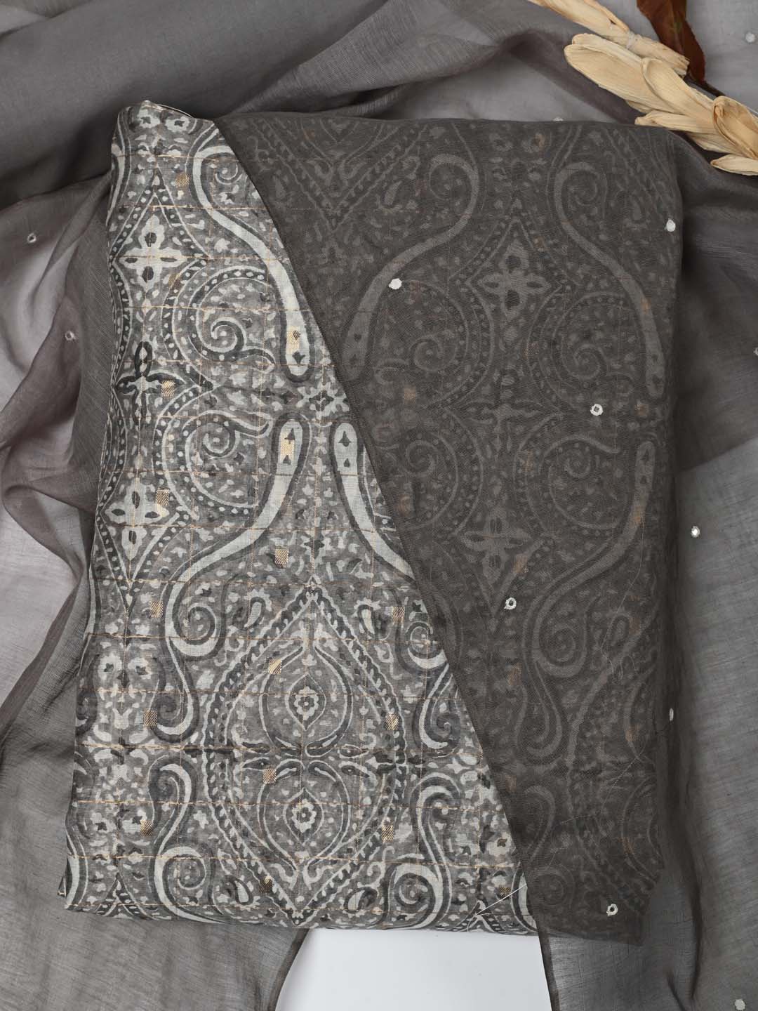 Block Printed Chanderi Unstitched Suit Piece With Dupatta