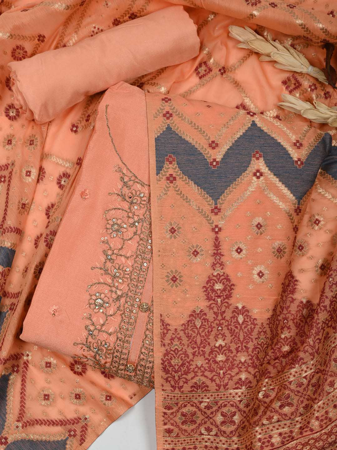 Embroidered Handloom Unstitched Suit Piece With Dupatta