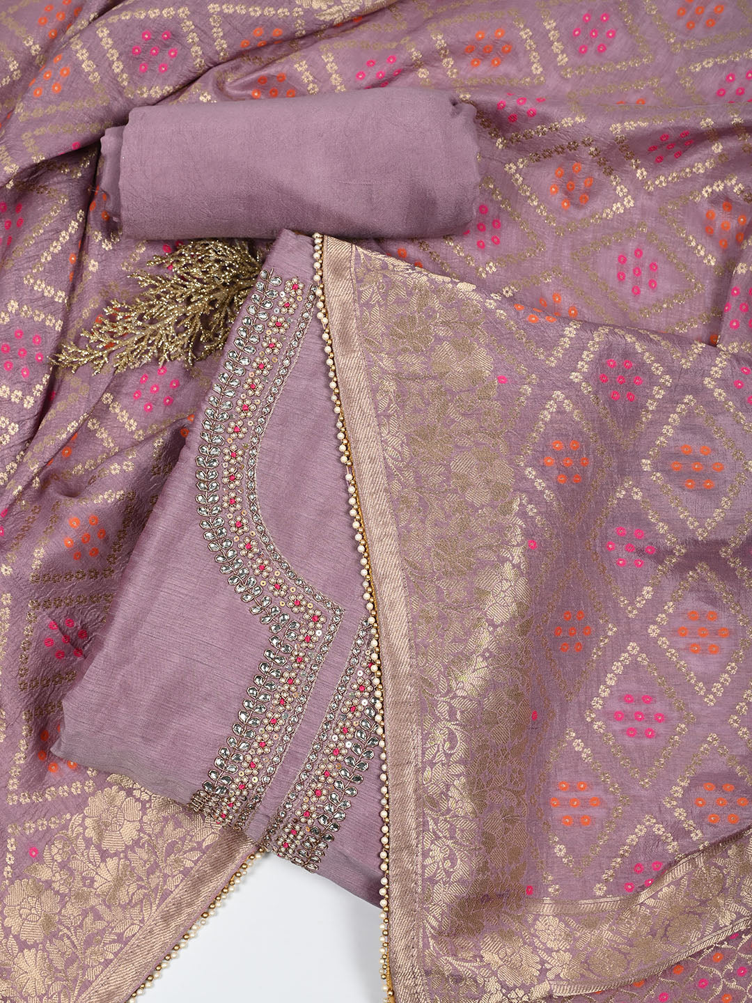 Neck Embroidered Chanderi Unstitched Suit Piece With Dupatta