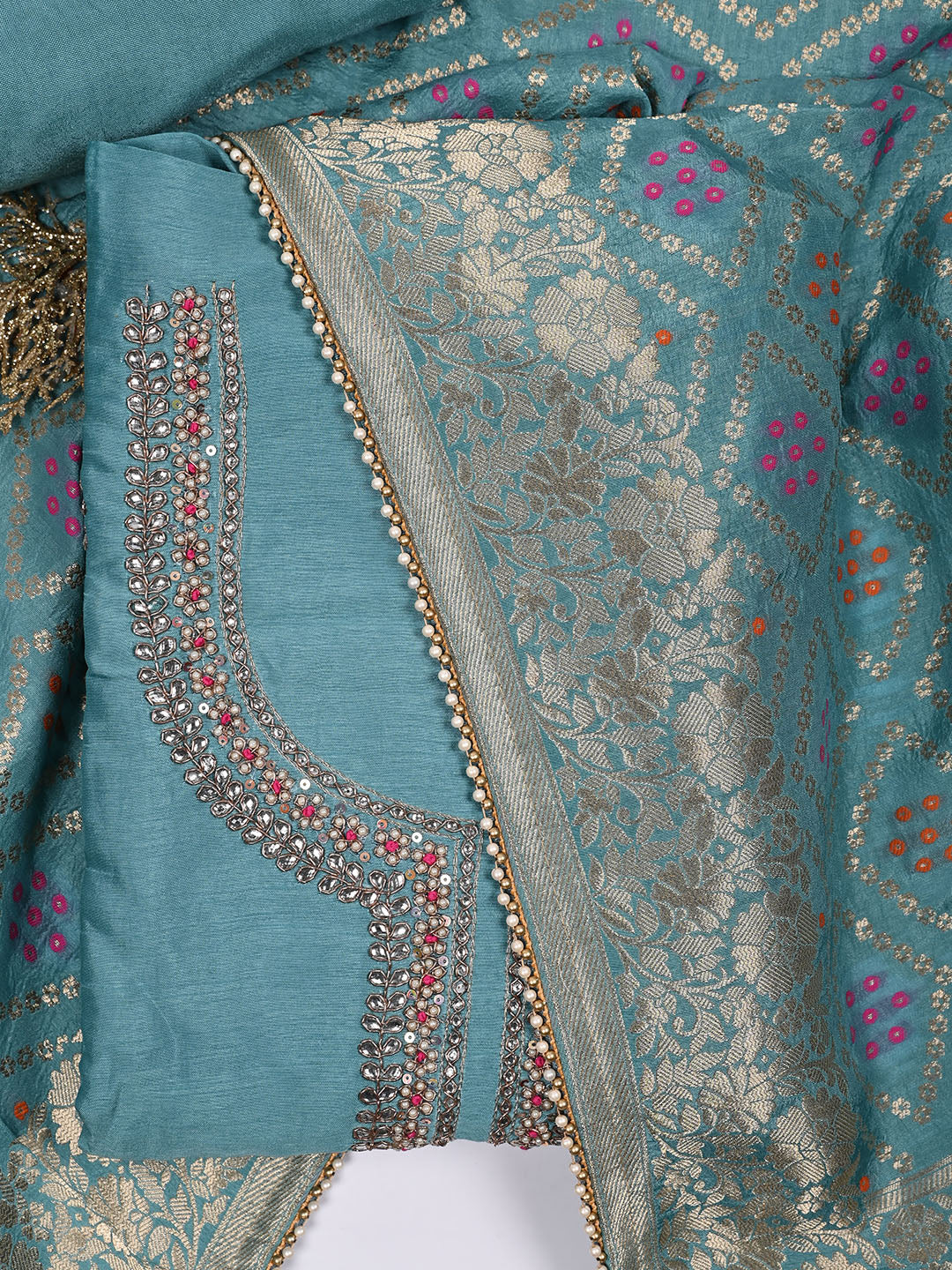 Neck Embroidered Chanderi Unstitched Suit Piece With Dupatta