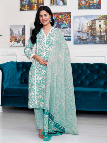 Floral Printed Cotton Kurta With Pants & Dupatta