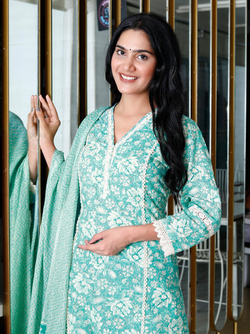 Floral Printed Cotton Kurta With Pants & Dupatta