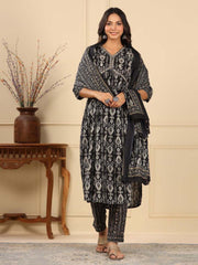 Floral Printed Cotton Kurta With Pants & Dupatta