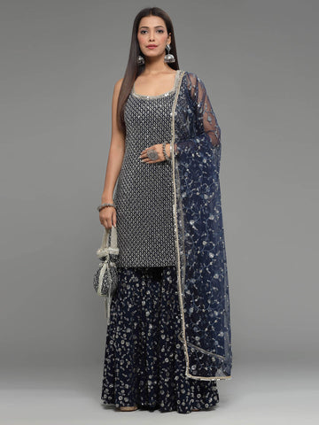 Sequin Embroidered Georgette Kurti With Sharara & Dupatta (Potli Not Included)