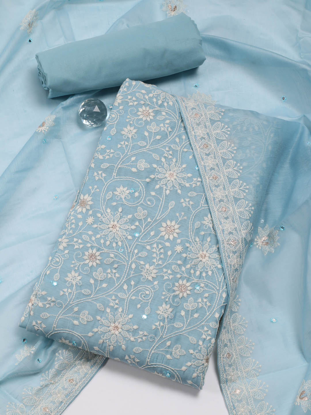 Embroidered Chanderi Unstitched Suit With Dupatta