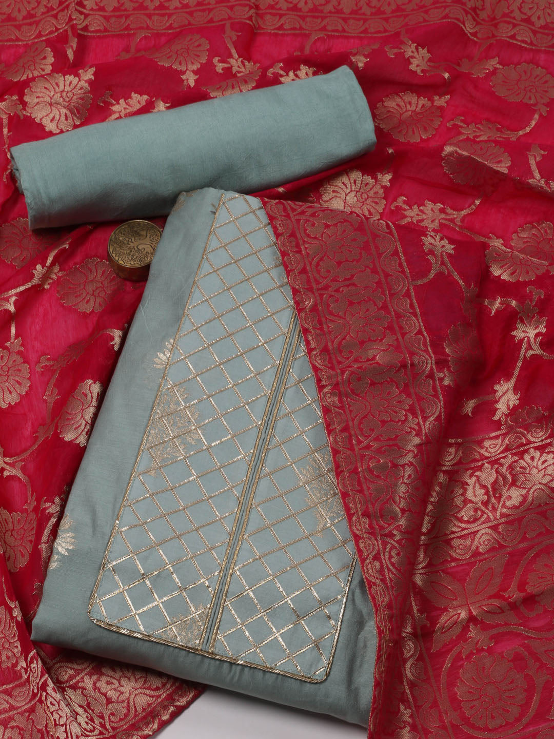 Neck Embroidered Chanderi Unstitched Suit Piece With Dupatta