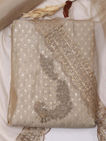 Neck Embroidered Chanderi Unstitched Suit Piece With Organza Dupatta