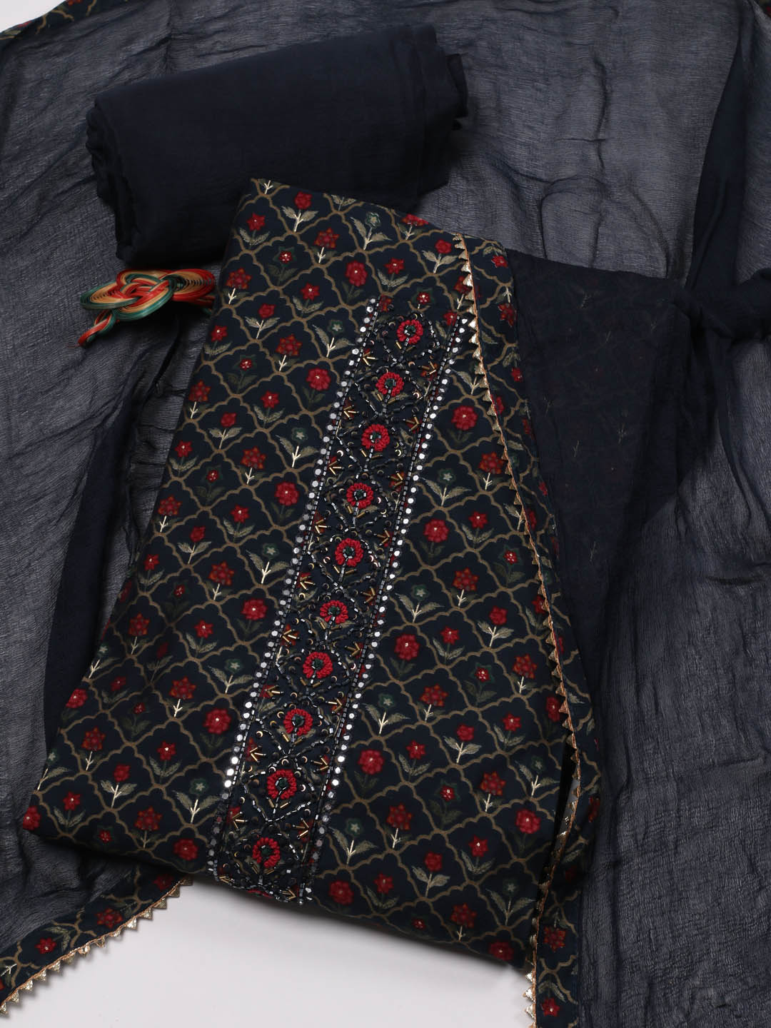 Neck Patti Printed Crepe Unstitched Suit Piece With Dupatta