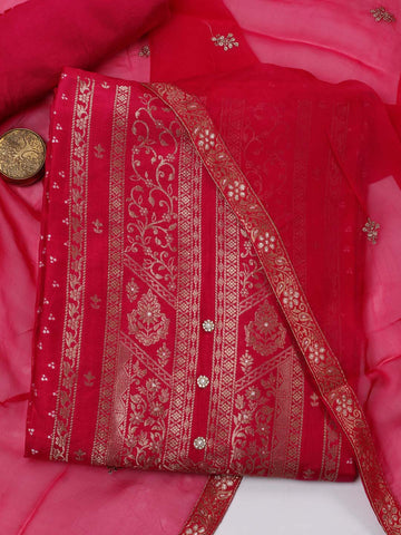 Neck Embroidered Chanderi Unstitched Suit Piece With Dupatta