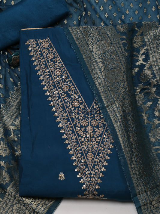 Neck Embroidered Chanderi Unstitched Suit With Dupatta