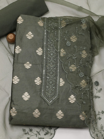 Neck Embroidered Chanderi Unstitched Suit Piece With Dupatta