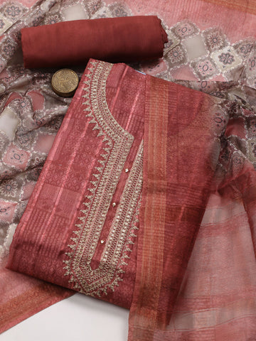 Neck Embroidered Chanderi Unstitched Suit Piece With Dupatta