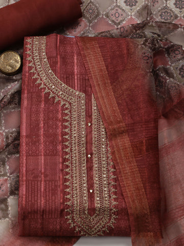 Neck Embroidered Chanderi Unstitched Suit Piece With Dupatta