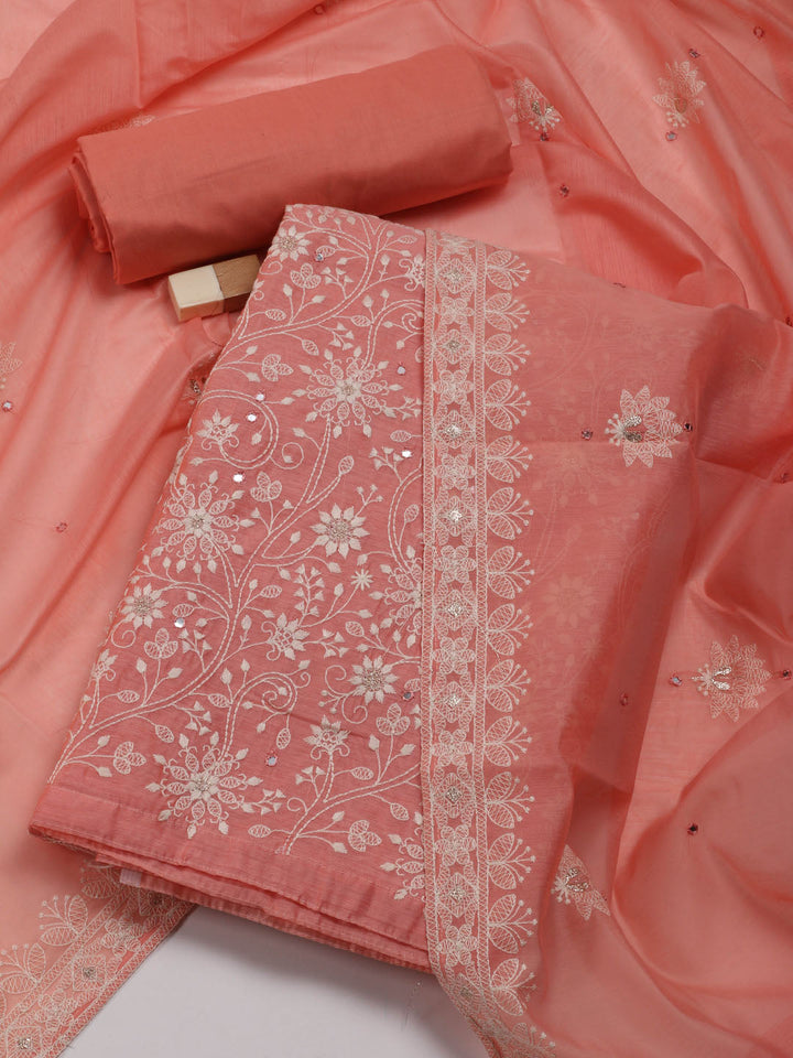 Embroidered Chanderi Unstitched Suit With Dupatta