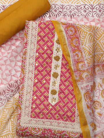 Schiffli Printed Cotton Unstitched Suit Piece With Dupatta