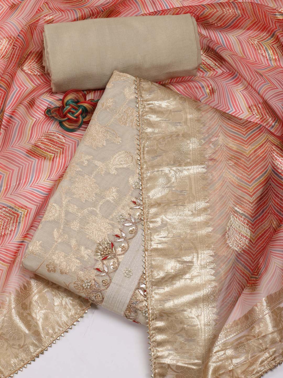 Neck Embroidered Chanderi Unstitched Suit Piece With Dupatta