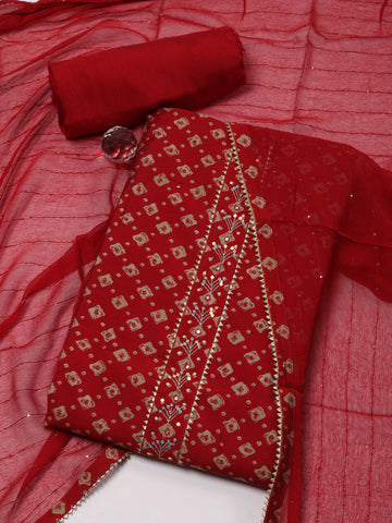 Neck Patti Printed Chanderi Unstitched Suit Piece With Dupatta