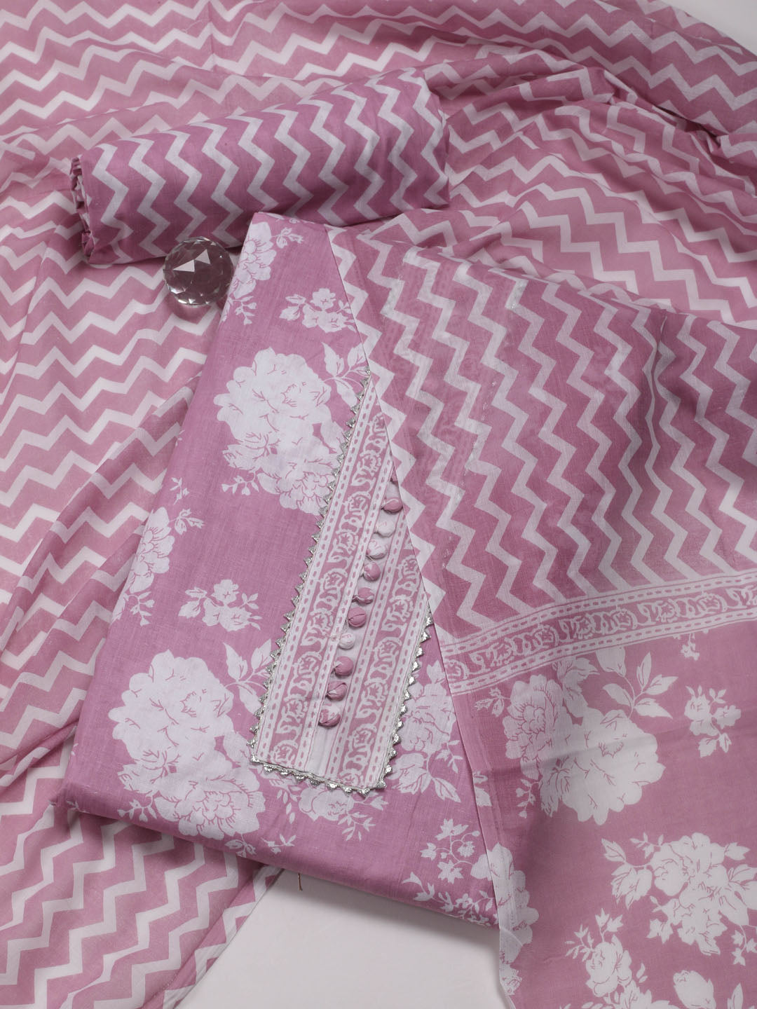 Floral Print Cotton Unstitched Suit Piece With Dupatta