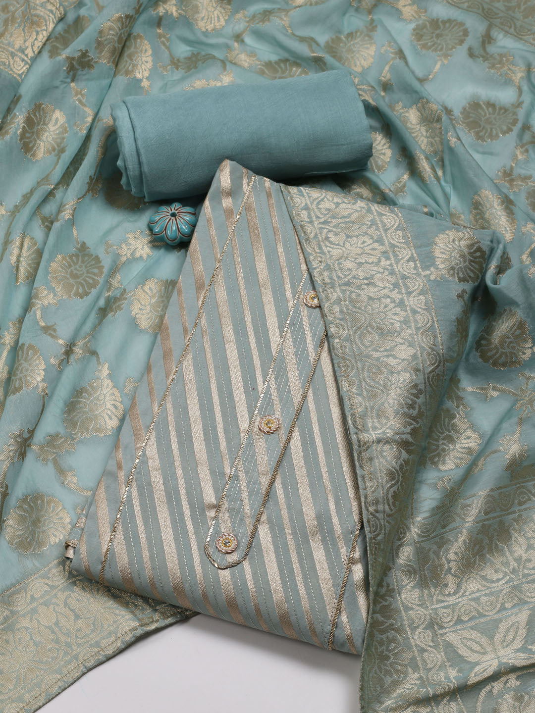 Neck Embroidered Chanderi Unstitched Suit Piece With Banarsi Dupatta