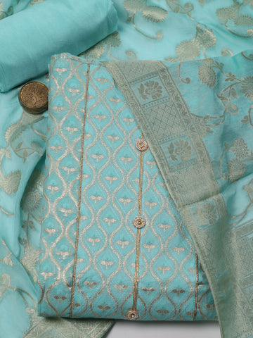 Neck Embroidered Chanderi Banarsi Unstitched Suit Piece With Dupatta