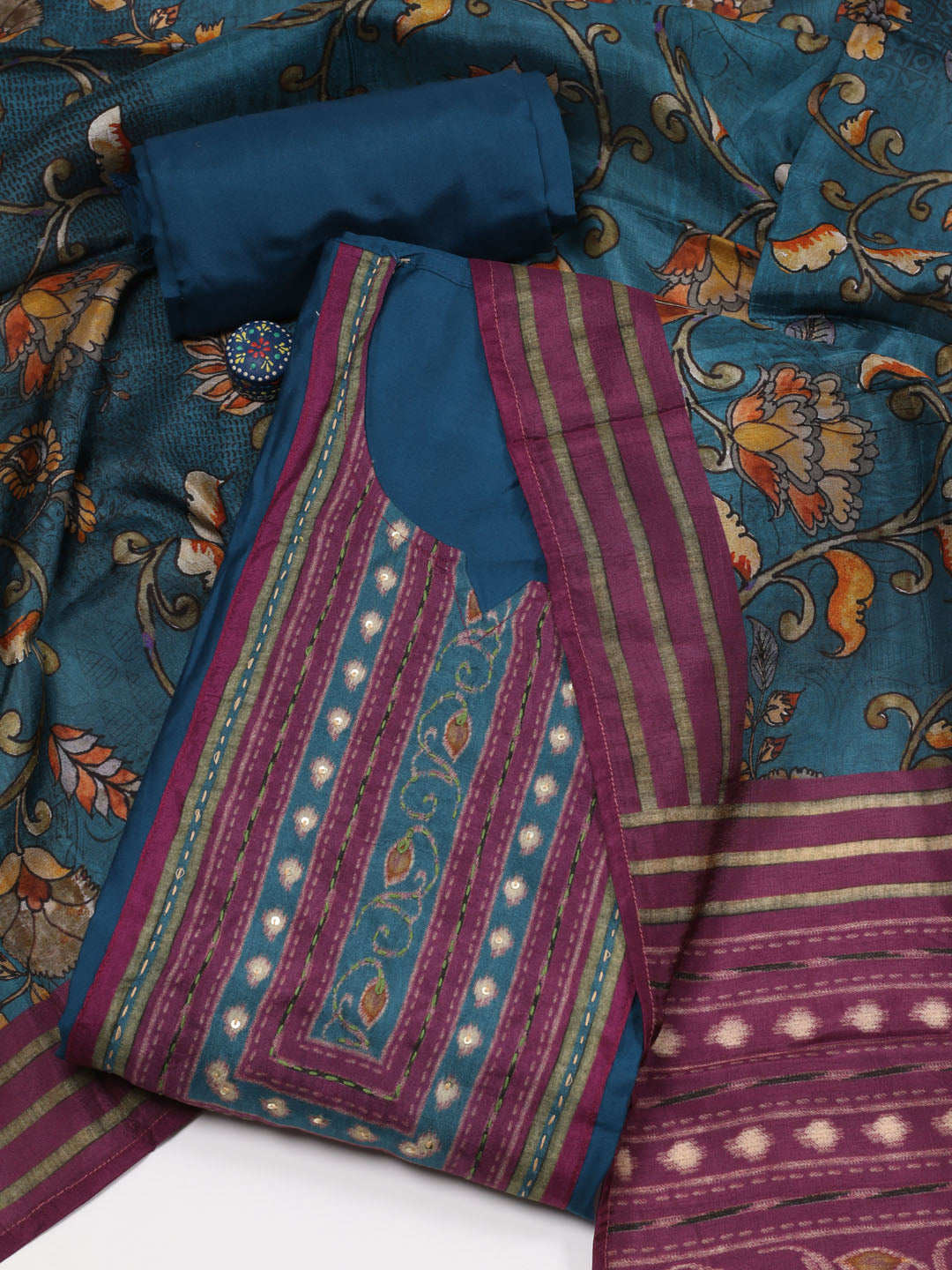 Printed Neck Chanderi Unstitched Suit Piece With Dupatta