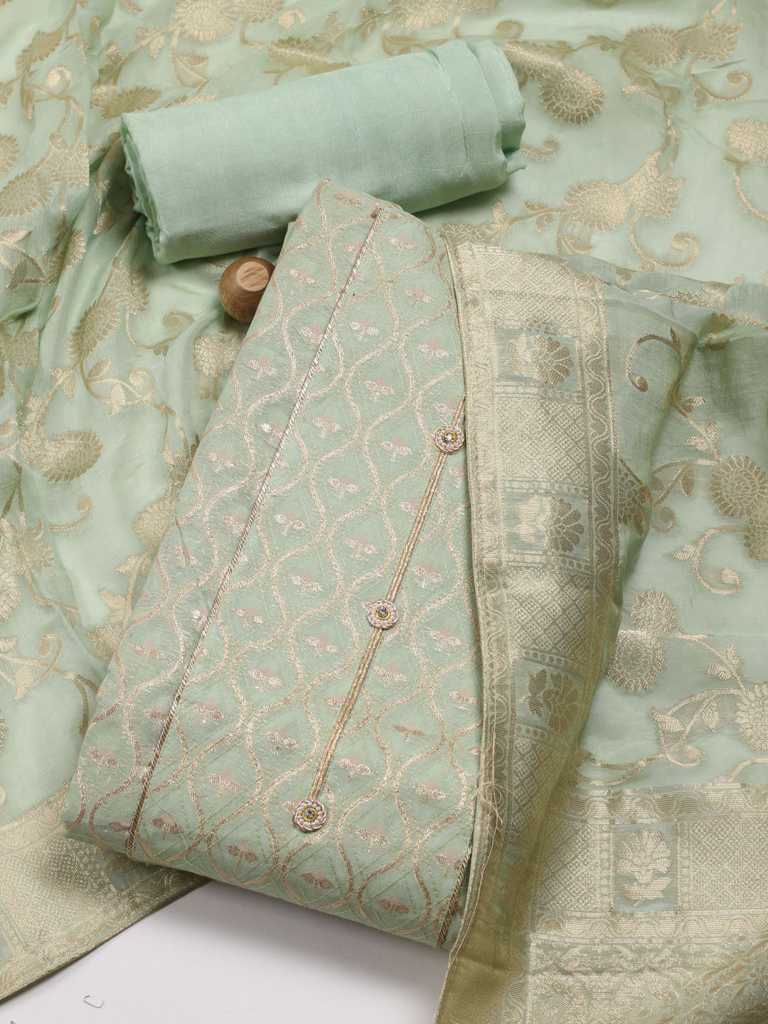 Neck Embroidered Chanderi Banarsi Unstitched Suit Piece With Dupatta